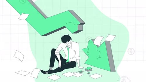 Mann in der Wirtschaftskrise, Pfeil nach unten gespalten, Mann ohne Geld 4K-Animation