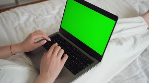 Close Up Smart Caucasian Teenage Girl Female Hands Using Laptop Blank Green Screen Chroma Key