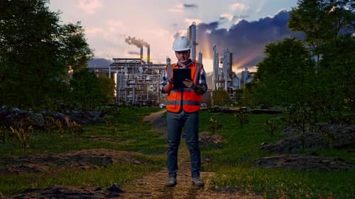 Full Body Of Asian Male Engineer Working On A Tablet In Front Of Oil Refinery