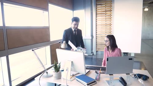 Business People Discussing Paperwork at Office Desk 3034 Years