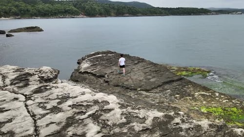 aerial man walking on rock near sea