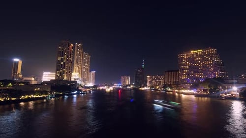 Boats At Night On Chao Phraya River, Bangkok