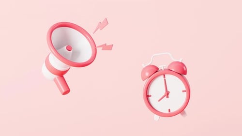 Cartoon loudspeaker and clock in the pink background