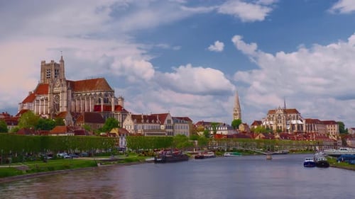 View of City Landscape of Auxerre on River Yonne Burgundy France Timelapse