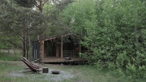 Wooden Tiny House Wood Building Hidden in Nature Among the Pine Trees Forest Grass POV Camera Moving
