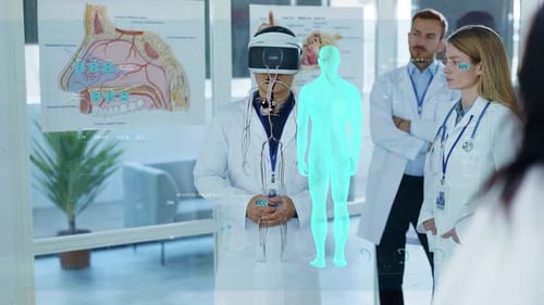 Future Medicine Doctors Discussing Human Brain Surgery Wearing Virtual Reality Glasses High Tech