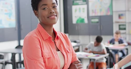 Portrait of diverse female teacher and schoolchildren at desks in school classroom