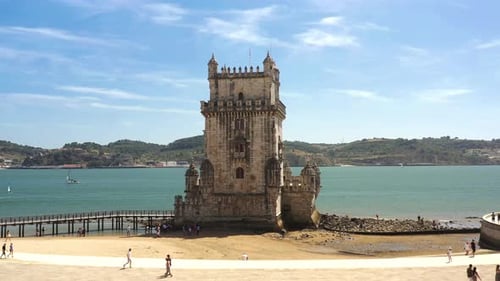 Aerial View of Belem Tower in Lisbon with Tourists Visiting