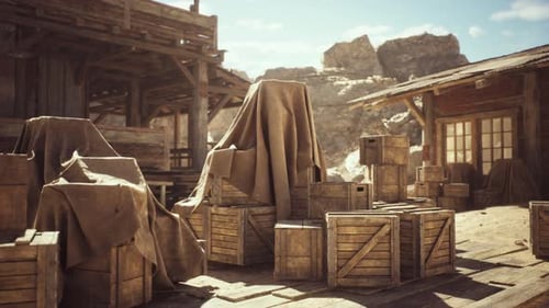 Deserted Western Town with Wooden Structures and Covered Crates During Daylight