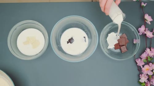 Preparing Chocolate Dessert with Milk and Bowls