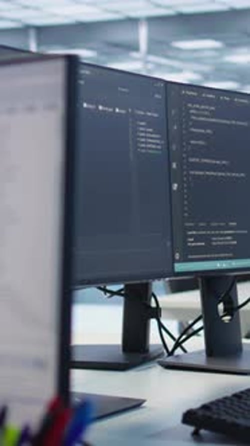 Close Up of Code on Computer Screens in Server Hub Used for AI Data Processing