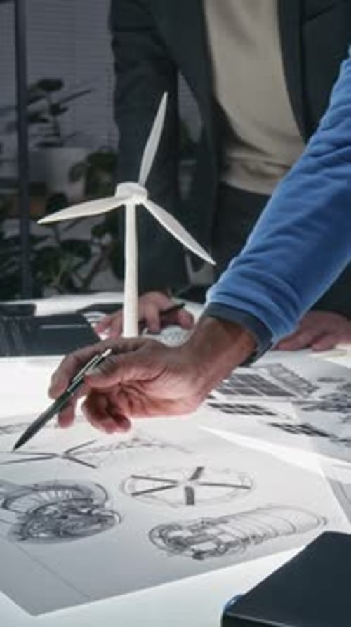 Vertical of Engineers Discussing Details of Wind Turbine