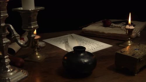 Candlelight Illuminates Antique Desk With Letter and Rose