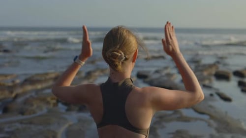 Close Up View of the Blonde Girl Training Outside Young Coach Doing Breathing Yoga Lotus Pose Yoga