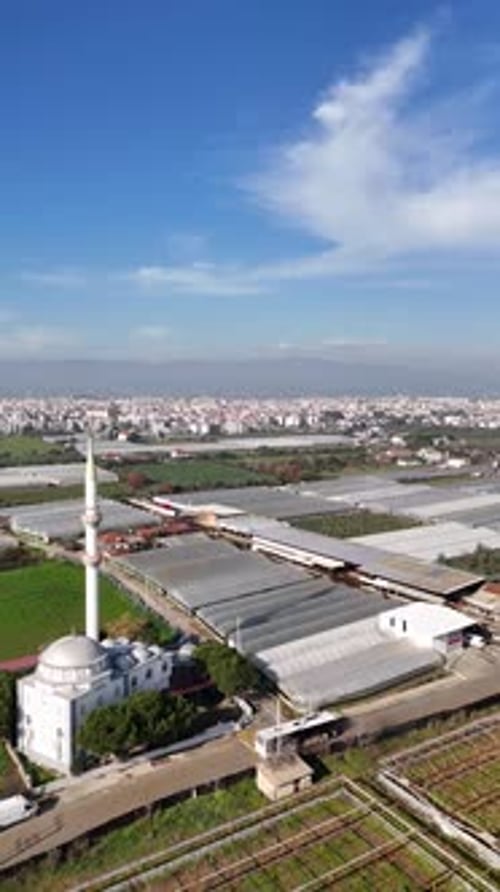 Vue aérienne verticale de la mosquée et des champs agricoles avec la ville en arrière-plan