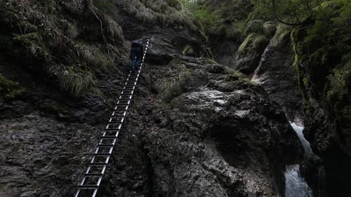 Nature pittoresque du paradis slovaque : un homme du parc grimpe une échelle près d'une cascade