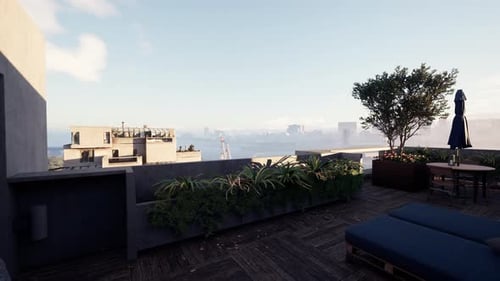 Modern Rooftop Terrace with City Skyline Panning Shot