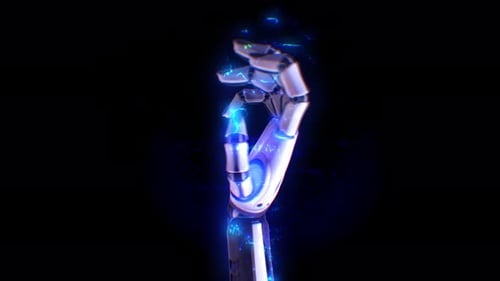 Futuristic Robotic Hand with Blue Digital Glow Animation