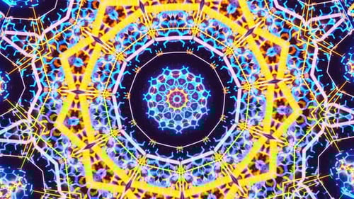 Colorful animation design with blue center. Kaleidoscope VJ loop