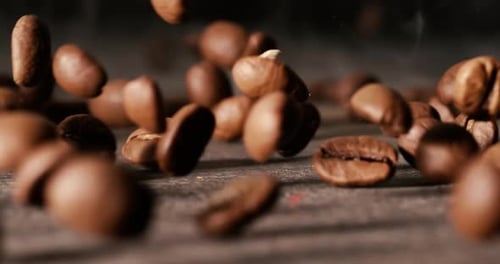 Close up of seeds of coffee. Fragrant coffee beans Super Macro Close Up. Shot on super slow motion