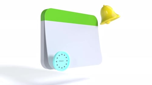 Calendário, relógio, alarme, evento, campainha amarela sobre bolsa branca