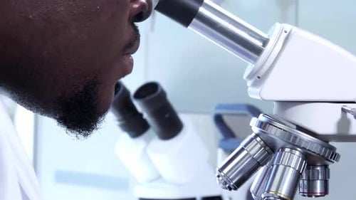Scientist Analyzing Sample Under Microscope in Lab