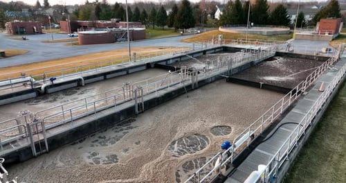 Sewage water treatment plant, gravity sediment tank for water purification. Municipal government aut