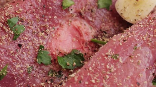 Close Up of Raw Meat Seasoned with Spices