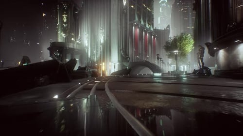 Skyscrapers of Futuristic City at Night