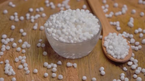 Tapioca Pearls Fill Bowl and Spoon on Wood