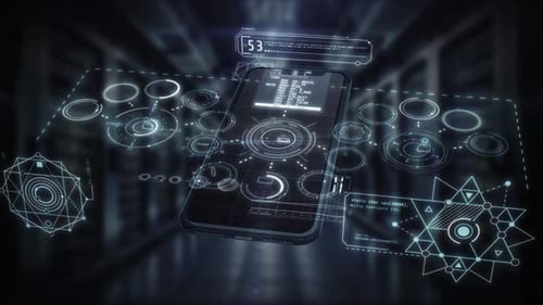 Futuristic Smartphone Showing Hologram Data in Server Room Background