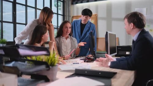 Business man and woman discuss with manager or boss in office about the progression