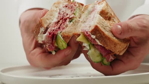 American Pastrami Sandwich in New York Ham Meet Cuts Chef Cooking Famous Thick Cut Sous Vide Beef