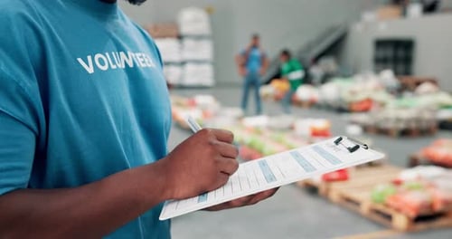 Social responsibility, hands and person with clipboard, volunteer and organised for nonprofit