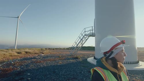 Female Technician on Wind Power Station in the Morning