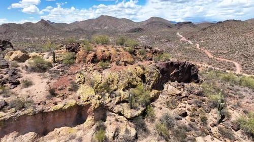 Aerial view of desert landscape with mountains, United States.