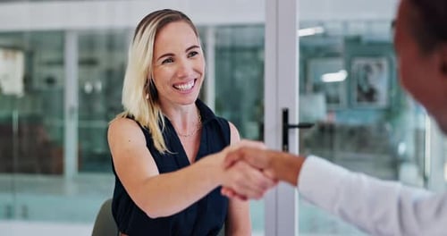 Handshake, business people in meeting or interview for partnership or recruitment with trust