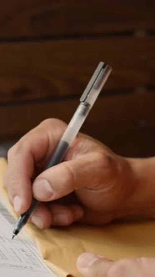 Mains du coursier remplissant le formulaire sur le colis et faisant sonner l'interphone