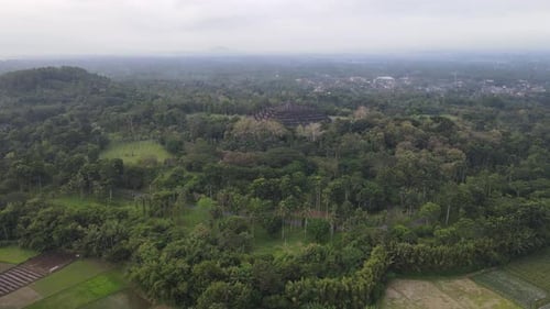 Luftaufnahme des Borobudur-Tempels in Java, Indonesien. Weitwinkelaufnahme mit Blick auf den Wald.