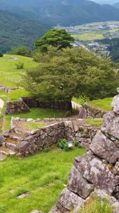 Ruines de Takeda Castie, vue aérienne du paysage de l'ancienne forteresse japonaise de la vallée verte