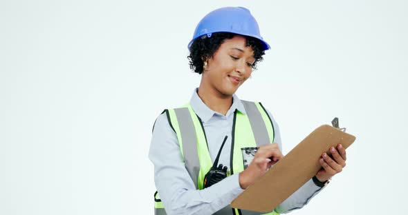 Inspection, construction and woman with clipboard, checklist and ...