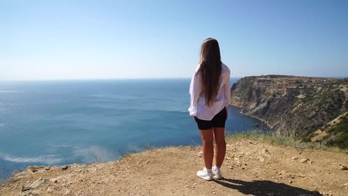 Sommerreise, Meer, fröhliche, unbeschwerte Frau in rosafarbenem Hemd und weißem Rock, hebt die Arme auf dem Meer