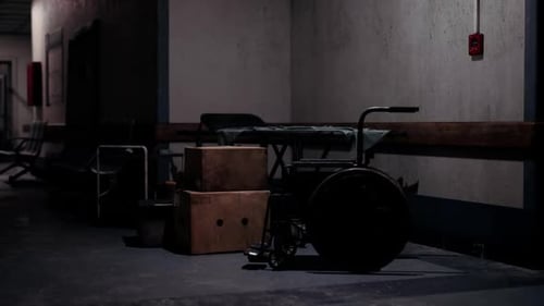 Abandoned Hospital Corridor with Wheelchair and Forgotten Equipment at Night