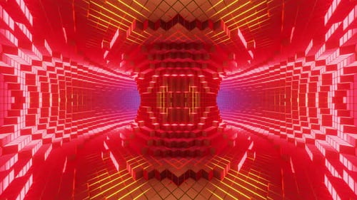 Roter abstrakter Hintergrund innerhalb der Pixelisierung des 3D-Renderings eines Torustunnels. Nahtlos geschlungen. NFT