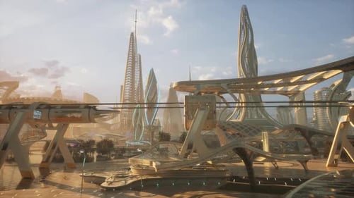 Ville futuriste cinématographique avec le monorail en mouvement