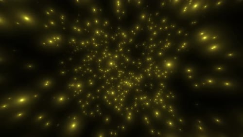 Golden Sparkling Particles Flying Through Dark Space Background