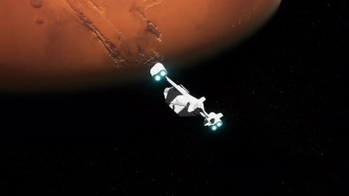 Futuristic Spaceship Flies Past Red Planet in Deep Space
