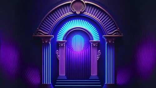 geometrischer Hintergrund mit bunt leuchtender Neonoptik und Podium zur Produktpräsentation