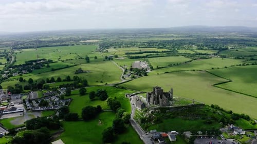 Drone shot over Rock of Cashel in Ireland.
