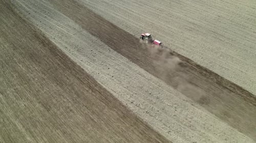 Tractor with Seeder Performing Seeding Grain Sowing Season in Spring Time